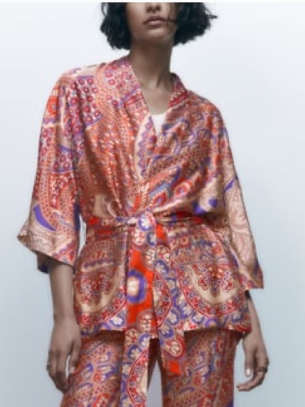 Zara Paisley Belted silk Kimono Jacket and pants set  Red, Purple & Cream XL